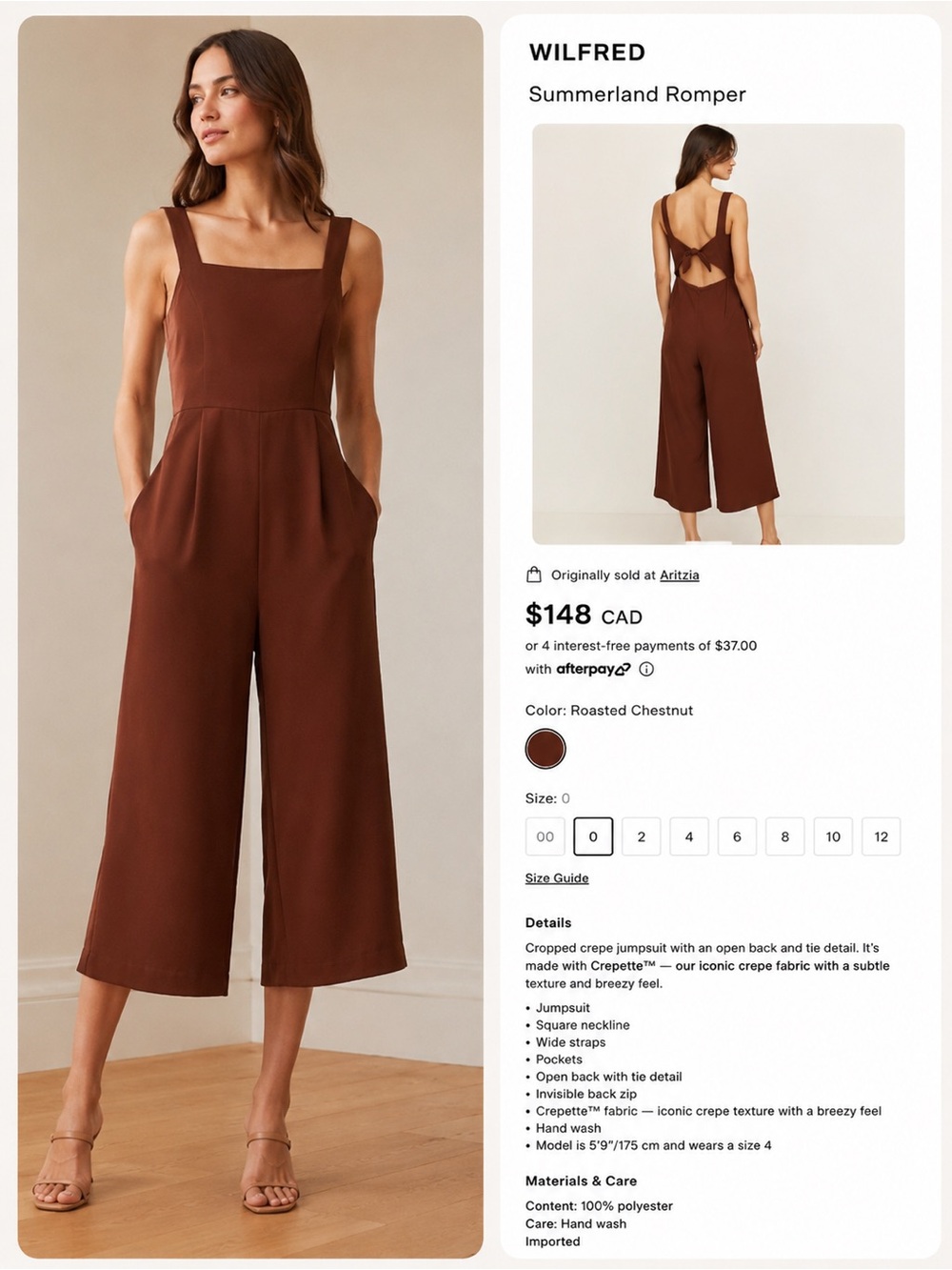 Wilfred Roasted Chestnut Square-Neck Jumpsuit